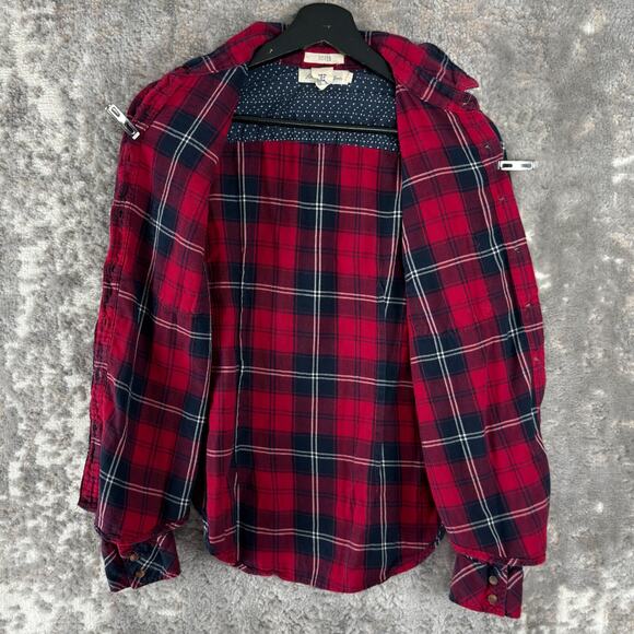 H&M Size 6 Fitted Plaid Casual Button Top Red Long Sleeve Pocket Collar - Picture 3 of 9